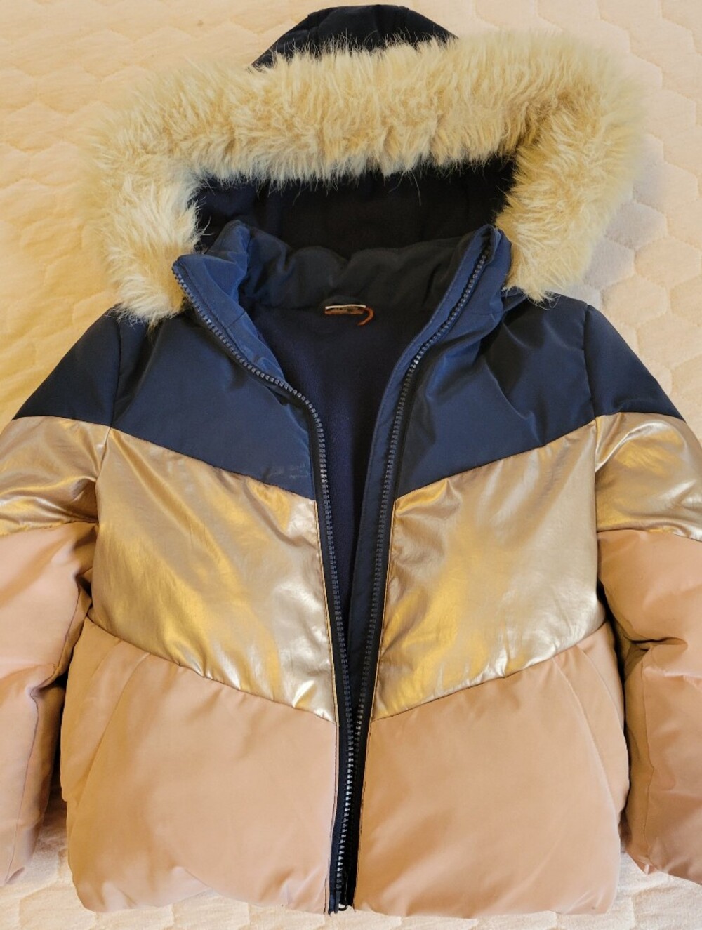 Jacket Winter Kids Girl 6Y  Faux-Fur Hooded Puffer - Navy, Silver & Blush